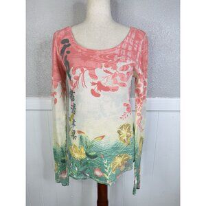 Lucky Brand Y2K Japanese Waffle Knit Thermal Top Womens XL  Asian Lotus Flower
